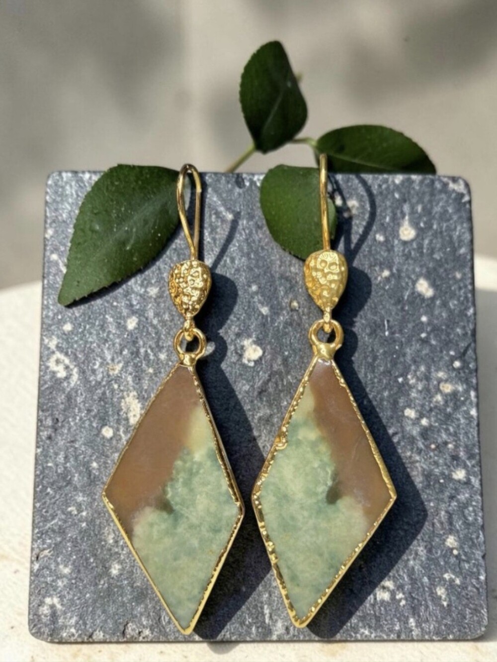 18k Gold Plated Artisan Genuine Bloodstone Chalcedony Diamond Shaped Earrings